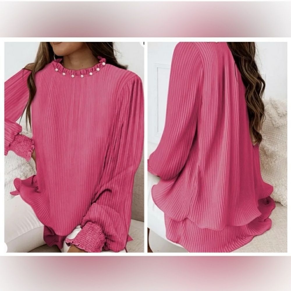 Luna Boutique Pink Pearl Double Layer Ruffle Hem Crinkled Chiffon Blouse Sz 2X